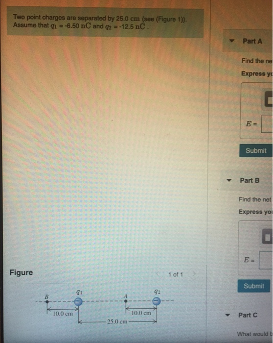 Two Point Charges Are Separated By 25 0 Cm See Figure 1 Assume That 91 6 50 Nc And 92 12 5 Nc Part A Find Th 1