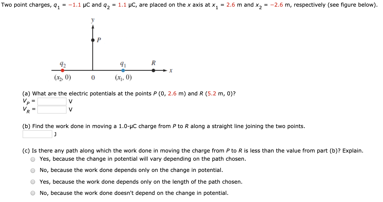 Two Point Charges 9 1 1 Pc And Q2 1 1 Pc Are Placed On The X Axis At X 2 6 M And X2 2 6 M Respectively S 1