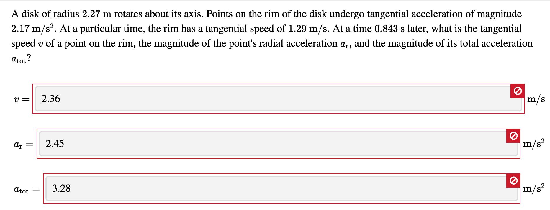 A Disk Of Radius 2 27 M Rotates About Its Axis Points On The Rim Of The Disk Undergo Tangential Acceleration Of Magnitu 1