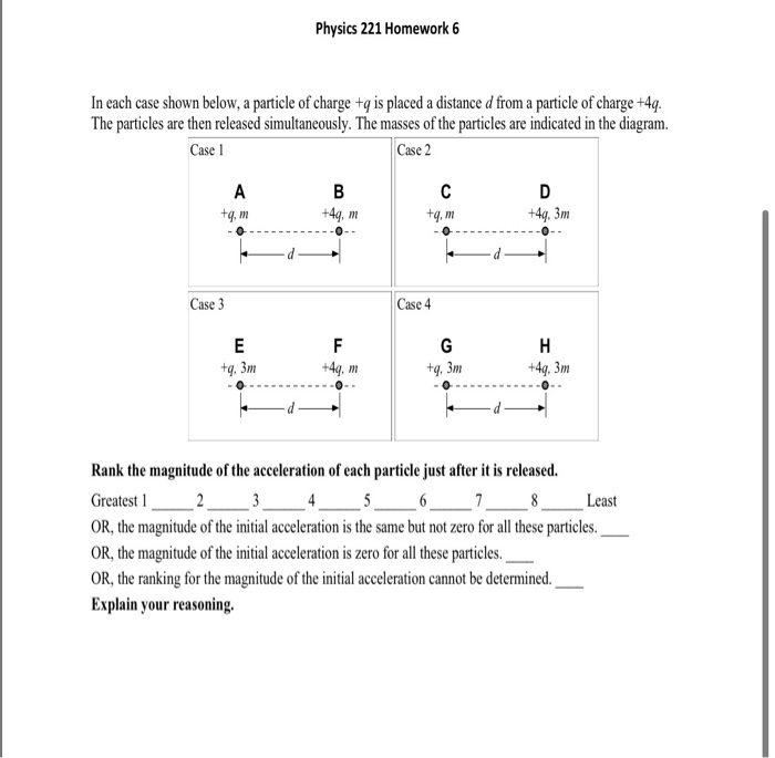 Physics 221 Homework 6 In Each Case Shown Below A Particle Of Charge G Is Placed A Distance D From A Particle Of Charg 1