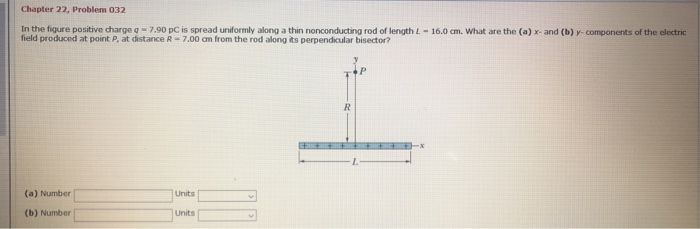 Chapter 22 Problem 032 In The Figure Positive Charge 7 90 Pc Is Spread Unidormly Along A Thin Nonconducting Rod Of Le 1