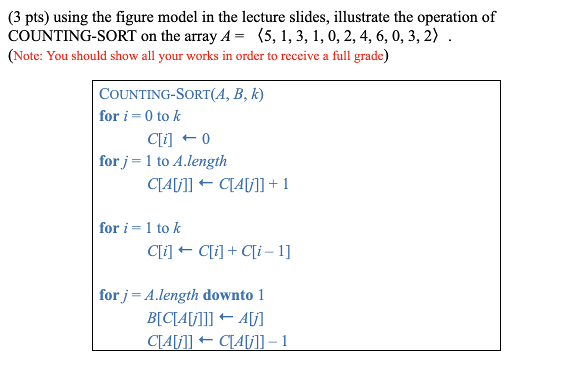 3 Pts Using The Figure Model In The Lecture Slides Illustrate The Operation Of Counting Sort On The Array A 5 1 1