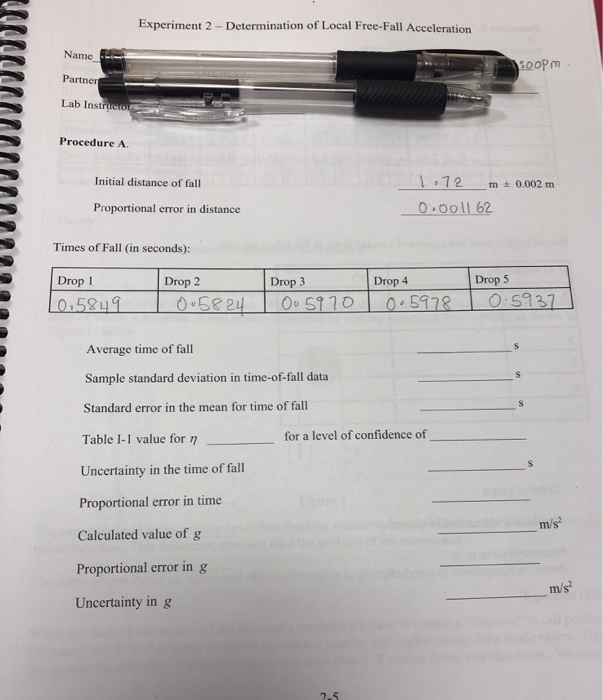 Experiment 2 Determination Of Local Free Fall Acceleration Name Opm Partner Lab Instruct Procedure A Initial Distanc 1