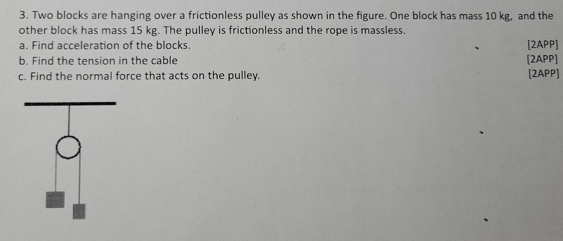 3 Two Blocks Are Hanging Over A Frictionless Pulley As Shown In The Figure One Block Has Mass 10 Kg And The Other Blo 1