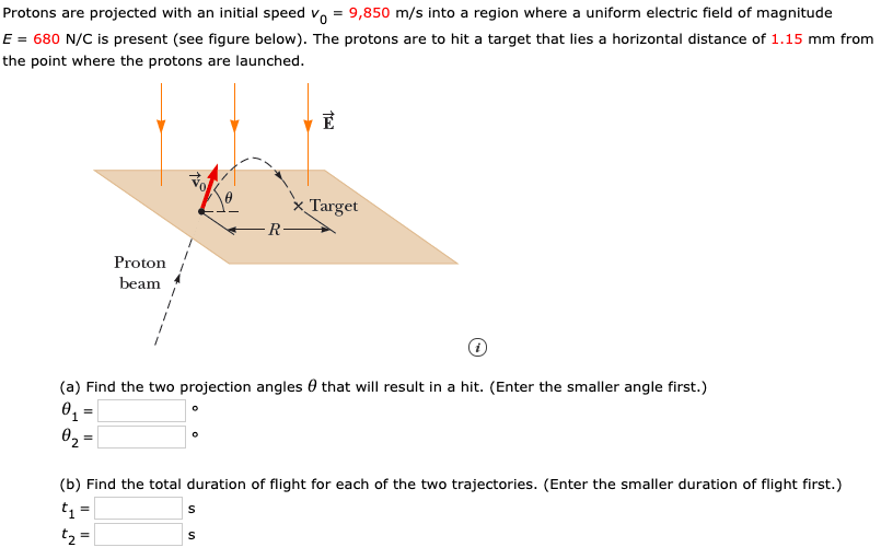 Protons Are Projected With An Initial Speed Vo 9 850 M S Into A Region Where A Uniform Electric Field Of Magnitude E 1