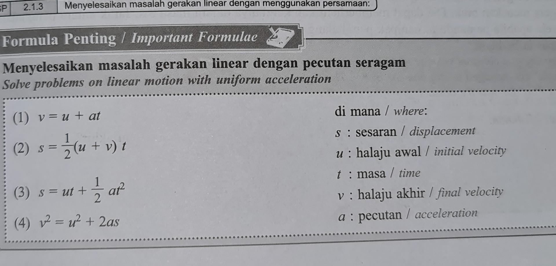 Sp 2 1 3 Menyelesaikan Masalah Gerakan Linear Dengan Menggunakan Persamaan Formula Penting Important Formulae Menyele 1