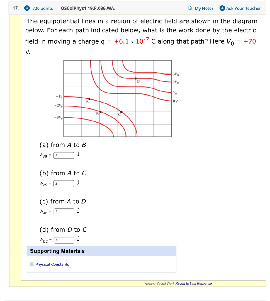17 120 Points Oscolphys1 19 P 036 Wa My Notes Ask Your Teacher The Equipotential Lines In A Region Of Electric Fiel 1