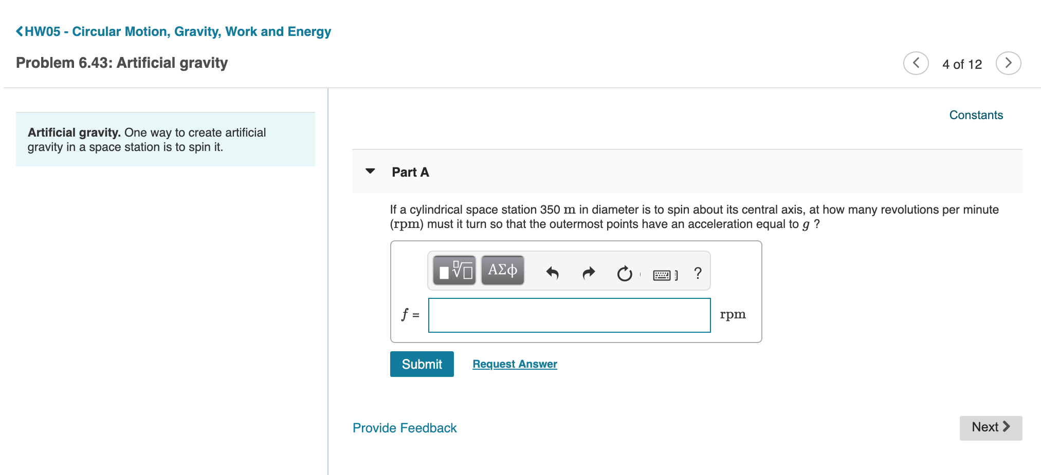 Hw05 Circular Motion Gravity Work And Energy Problem 6 43 Artificial Gravity 4 0f 12 Constants Artificial Grav 1