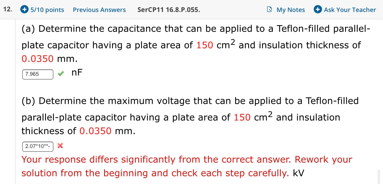 12 5 10 Points Previous Answers Sercp11 16 8 P 055 My Notes Ask Your Teacher A Determine The Capacitance That Can 1