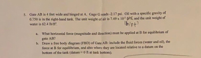 5 Gate Ab Is 4 Feet Wide And Hinged At A Gage Greads 2 17 Psi Oil With A Specific Gravity Of 0 750 Is In The Right H 1