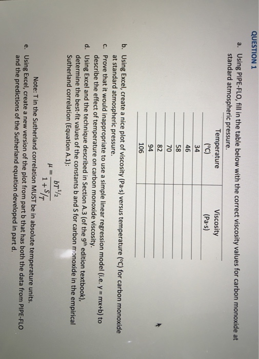 Question 1 A Using Pipe Flo Fill In The Table Below With The Correct Viscosity Values For Carbon Monoxide At Standard 1