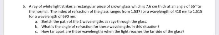 5 A Ray Of White Light Strikes A Rectangular Piece Of Crown Glass Which Is 7 6 Cm Thick At An Angle Of 55 To The Norma 1