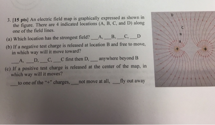 3 15 Pts An Electric Field Map Is Graphically Expressed As Shown In The Figure There Are 4 Indicated Locations A B 1