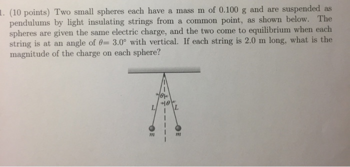 1 10 Points Two Small Spheres Each Have A Mass M Of 0 100 G And Are Suspended As Pendulums By Light Insulating String 1