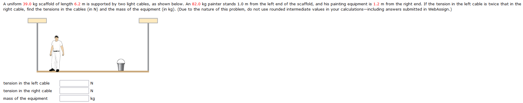 A Uniform 39 0 Kg Scaffold Of Length 6 2 M Is Supported By Two Light Cables As Shown Below An 82 0 Kg Painter Stands 1 1