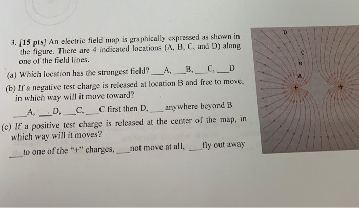 3 15 Pts An Electric Field Map Is Graphically Expressed As Shown In The Figure There Are 4 Indicated Locations A B 1