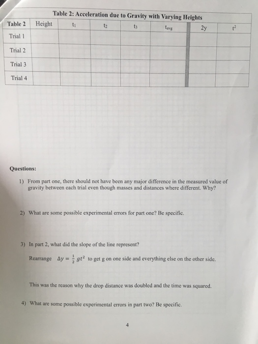 Table 2 Acceleration Due To Gravity With Varying Heights Height Ti T Tag 2y Table 2 Trial 1 2 Trial 2 Trial 3 Trial 4 Q 1
