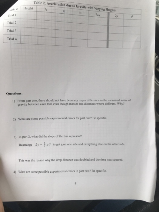 Table 2 Acceleration Due To Gravity With Varying Heights Height Ti T Tag 2y Table 2 Trial 1 2 Trial 2 Trial 3 Trial 4 Q 7