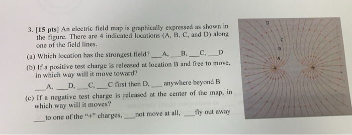 3 15 Pts An Electric Field Map Is Graphically Expressed As Shown In The Figure There Are 4 Indicated Locations A B 1