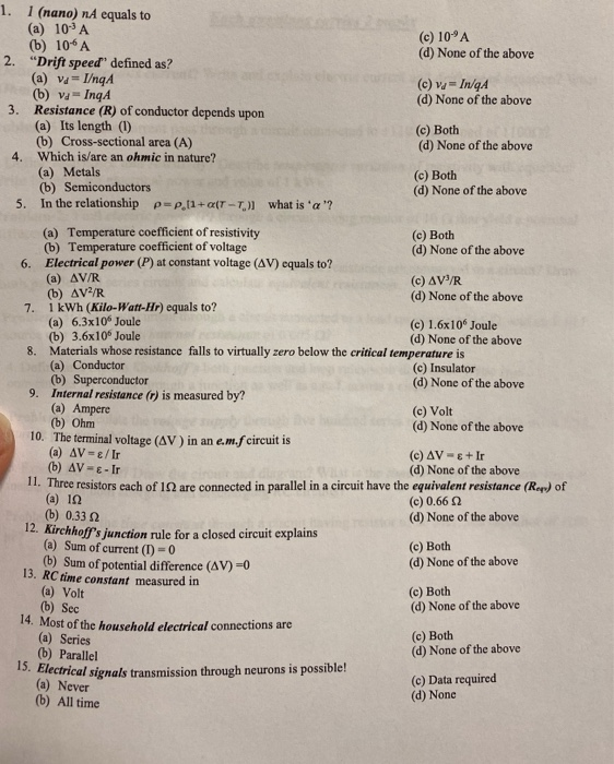 C 10 9a D None Of The Above C V In Qa D None Of The Above 1 1 Nano Na Equals To A 109a B 106a 2 Drift S 1