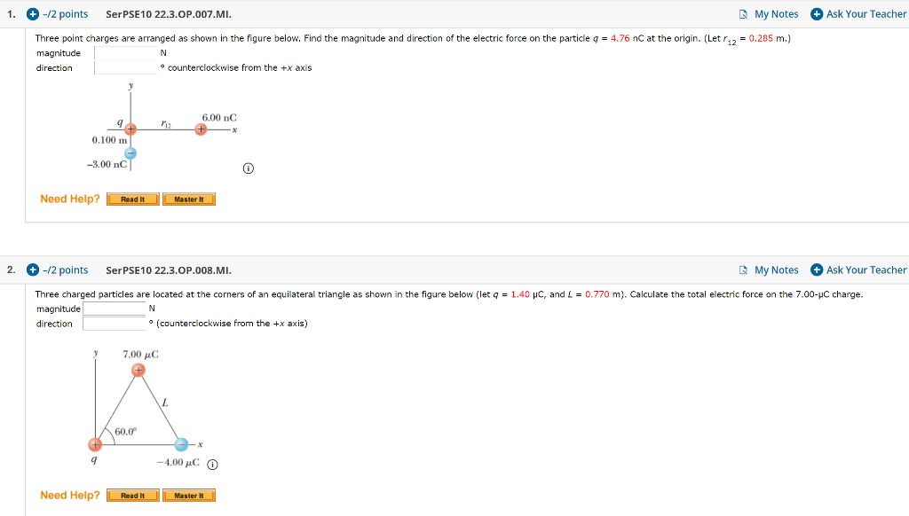 1 Ask Your Teacher 12 Points Ser Pse 10 22 3 Op 007 Mi My Notes Three Point Charges Are Arranged As Shown In The Fi 1
