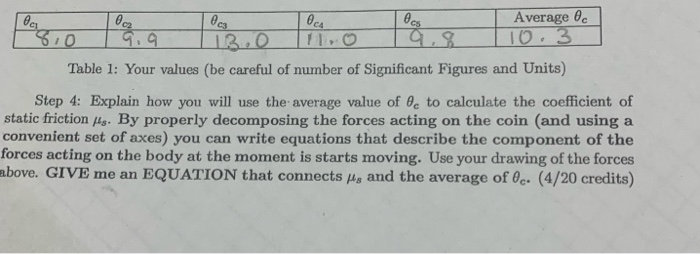 Average Ec Table 1 Your Values Be Careful Of Number Of Significant Figures And Units Step 4 Explain How You Will Use 1