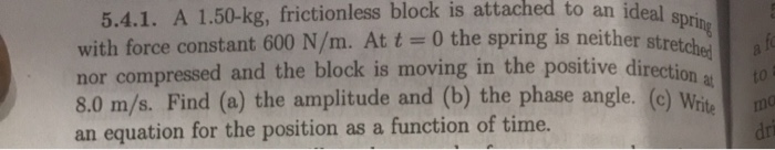 To An Ideal Spring 5 4 1 A 1 50 Kg Frictionless Block Is Attached To An Ideal With Force Constant 600 N M At T 0 The 1