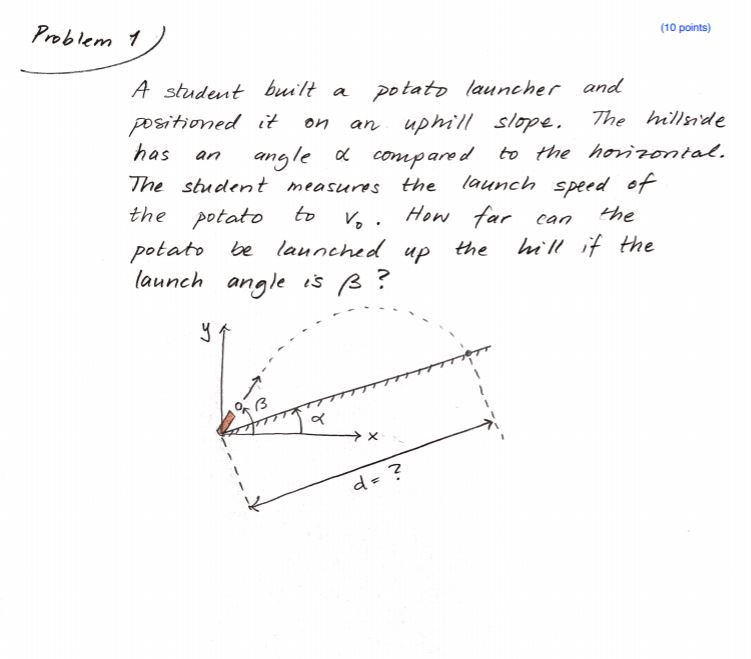 10 Points Problem 1 A Student Built A Potato Launcher And Positioned It On An Uphill Slope The Hillside Has An Angle 1
