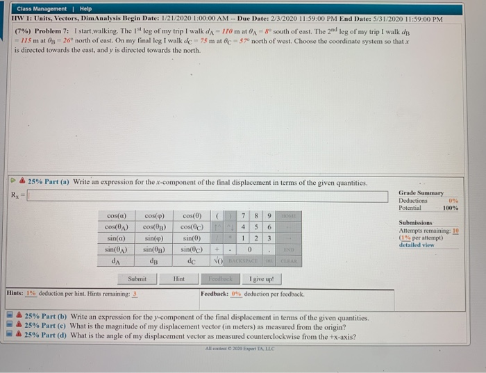 Class Management Help Hw 1 Units Vectors Dimanalysis Begin Date 1 21 2020 1 00 00 Am Due Date 2 3 2020 11 59 00 1