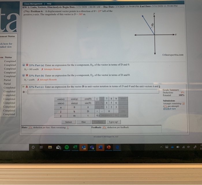 Class Management Help Hw 1 Units Vectors Dimanalysis Begin Date 1 21 2020 1 00 00 Am Due Date 2 3 2020 11 59 00 2