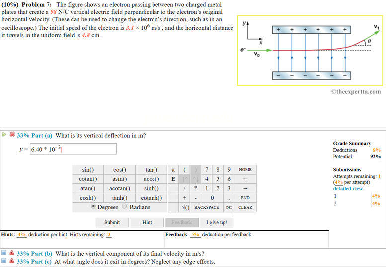 10 Problem 7 The Figure Shows An Electron Passing Between Two Charged Metal Plates That Create A 98 N C Vertical Ele 1