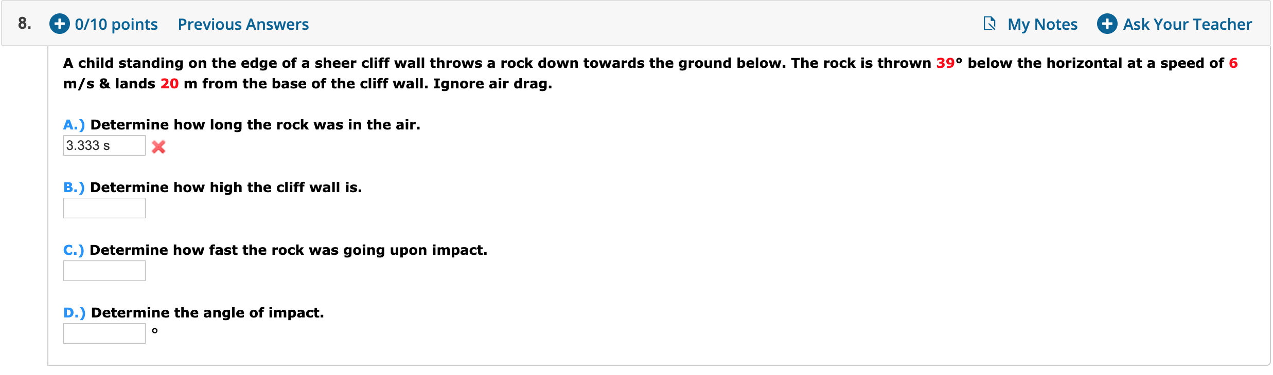 8 0 10 Points Previous Answers My Notes Ask Your Teacher A Child Standing On The Edge Of A Sheer Cliff Wall Throws 1