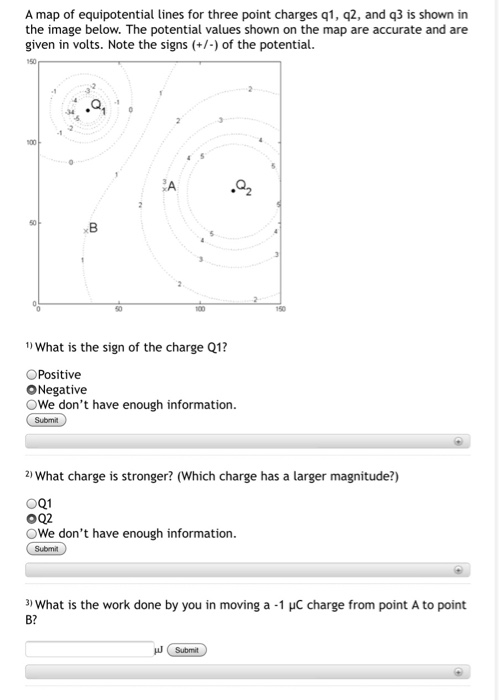 A Map Of Equipotential Lines For Three Point Charges 91 92 And Q3 Is Shown In The Image Below The Potential Values Sh 3