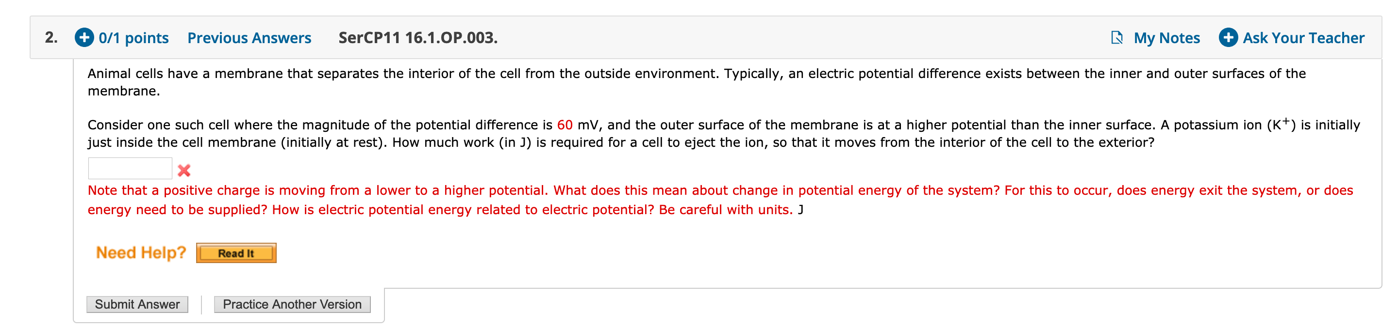 2 0 1 Points Previous Answers Sercp11 16 1 Op 003 My Notes Ask Your Teacher Animal Cells Have A Membrane That Sepa 1
