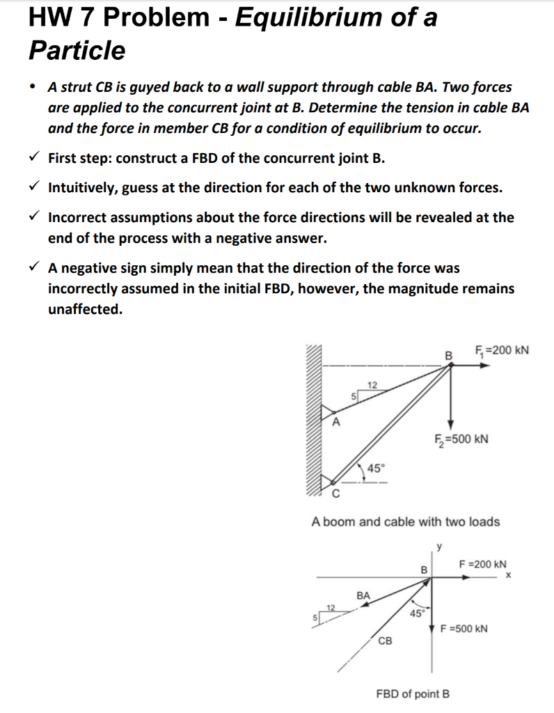 Hw 7 Problem Equilibrium Of A Particle A Strut Cb Is Guyed Back To A Wall Support Through Cable Ba Two Forces Are App 1