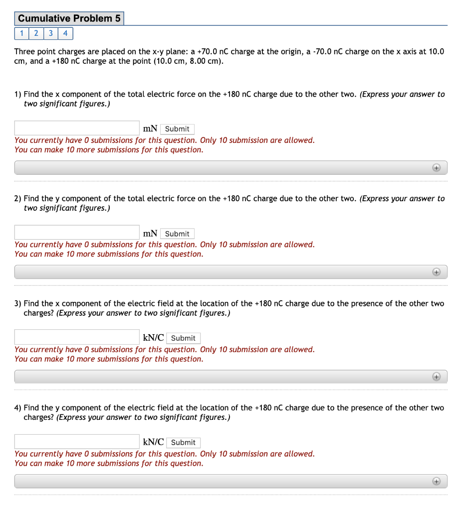 Cumulative Problem 5 1 2 3 4 Three Point Charges Are Placed On The X Y Plane A 70 0 Nc Charge At The Origin A 70 0 1