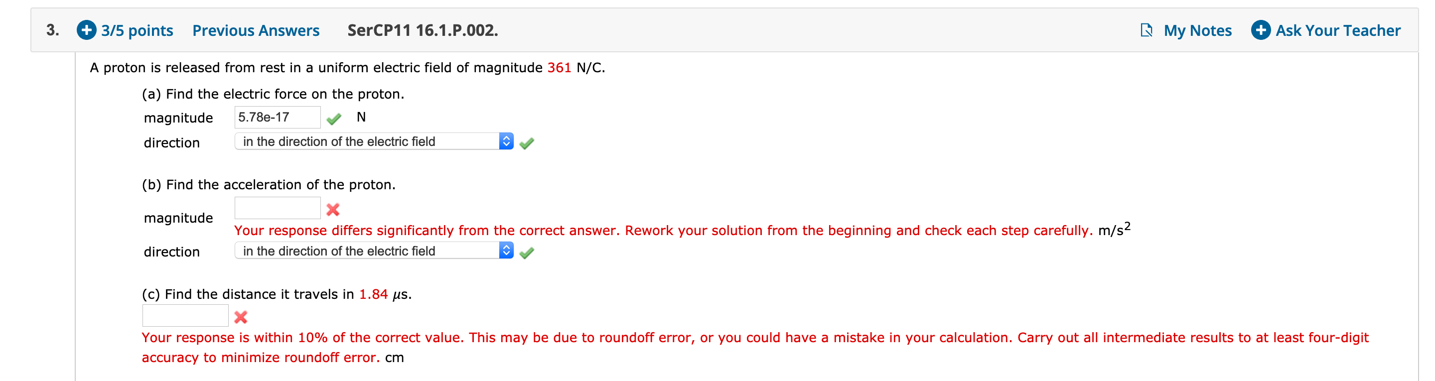 3 3 5 Points Previous Answers Sercp11 16 1 P 002 My Notes Ask Your Teacher A Proton Is Released From Rest In A Uni 1