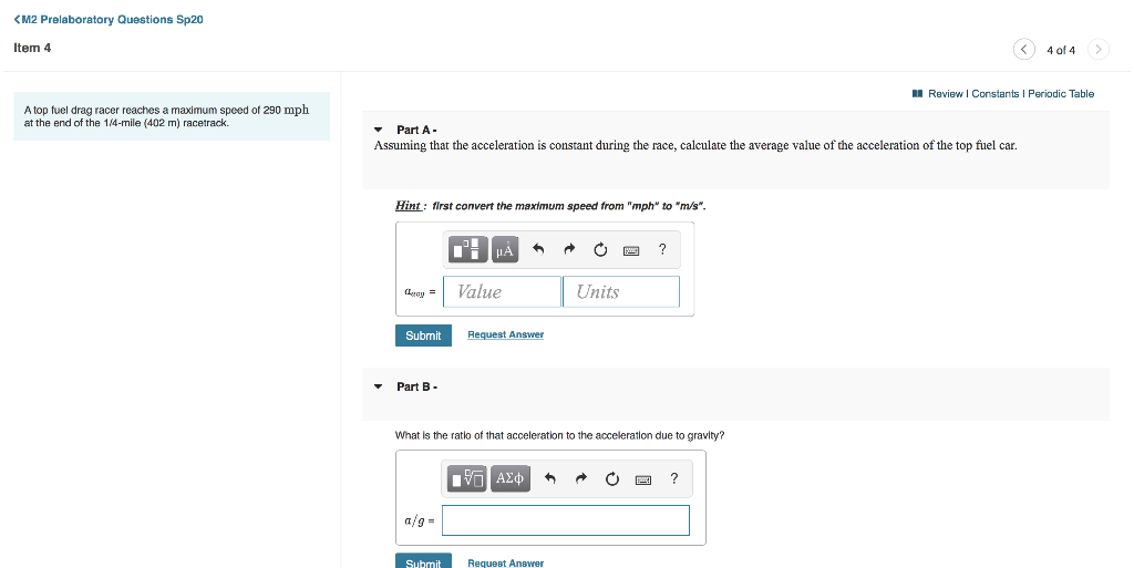 M2 Prelaboratory Questions Sp20 Item 4 4 Of 4 Hr Review Constants Periodic Table A Top Fuel Drag Racer Reaches A Ma 1
