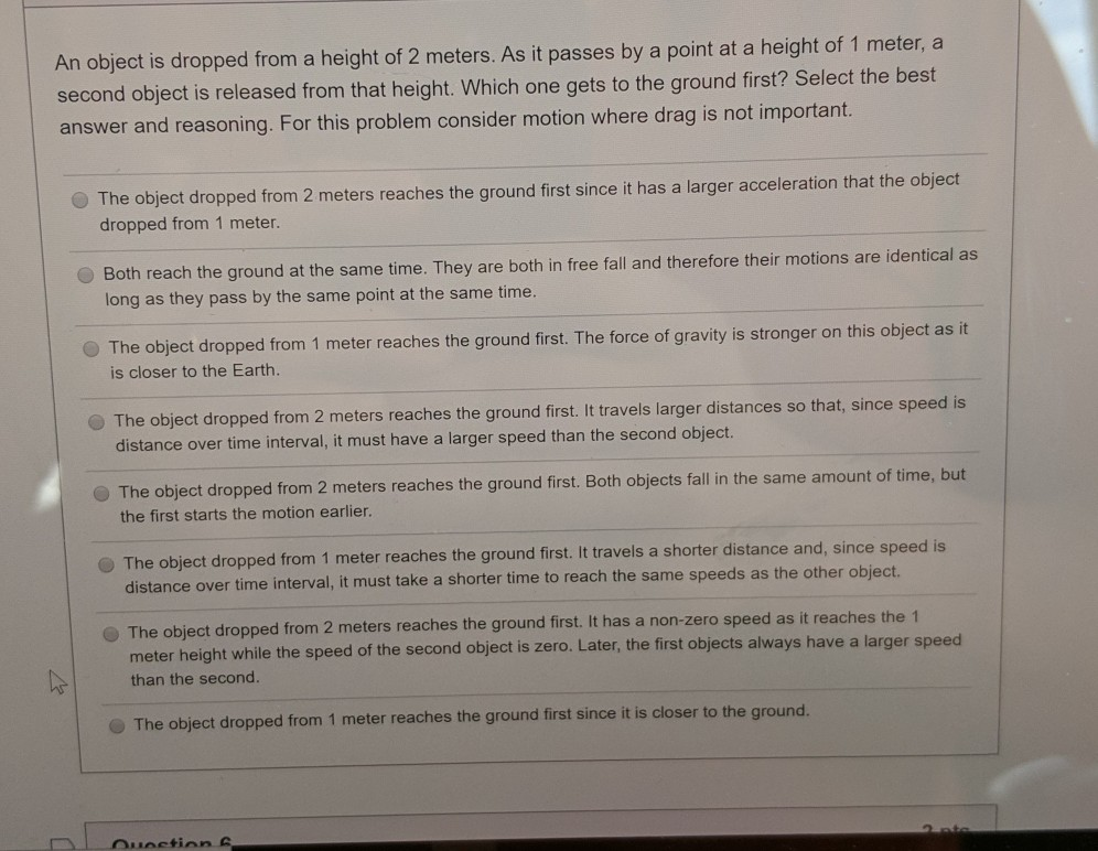 An Object Is Dropped From A Height Of 2 Meters As It Passes By A Point At A Height Of 1 Meter A Second Object Is Relea 1