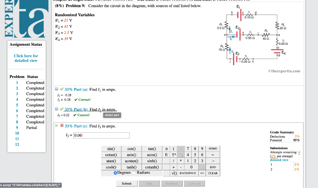 8 Problem 9 Consider The Circuit In The Diagram With Sources Of Emf Listed Below Exper Randomized Variables 1 2 1