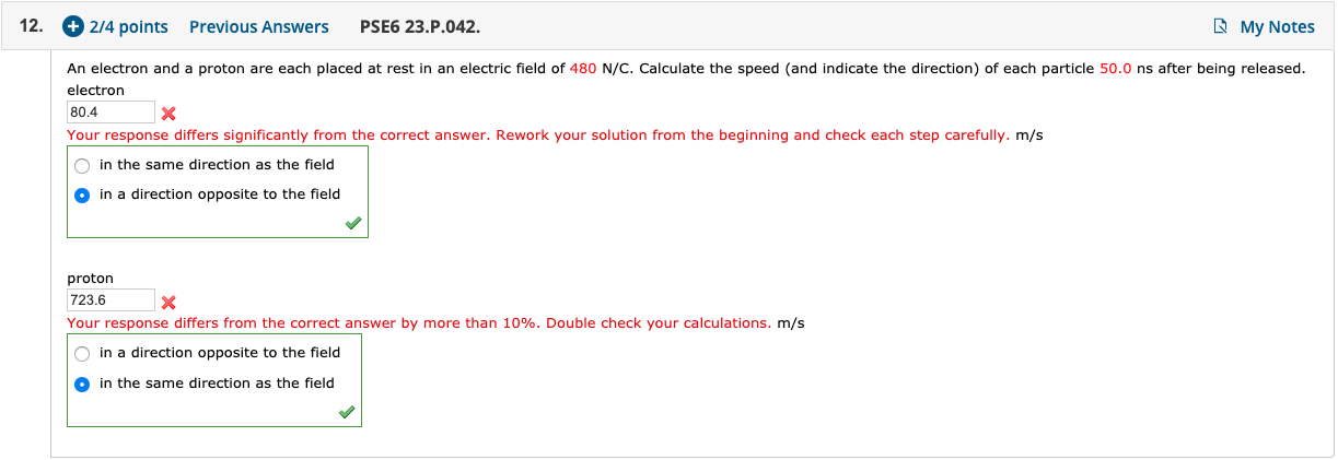 12 2 4 Points Previous Answers Pse6 23 P 042 My Notes An Electron And A Proton Are Each Placed At Rest In An Electric 1