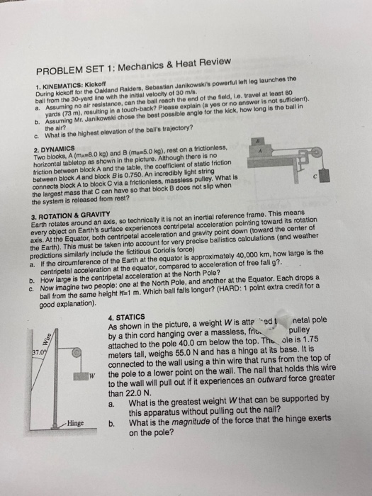 Problem Set 1 Mechanics Heat Review 1 Kinematics Kickoff During Kickoff For The Oakland Raiders Sebastian Janikows 1