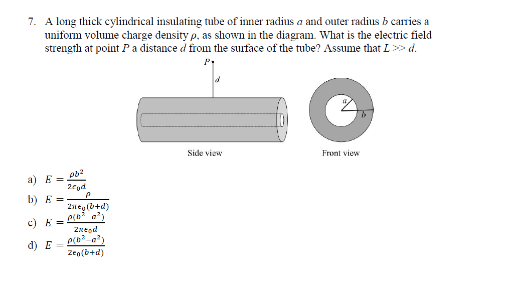 7 A Long Thick Cylindrical Insulating Tube Of Inner Radius A And Outer Radius B Carries A Uniform Volume Charge Density 1