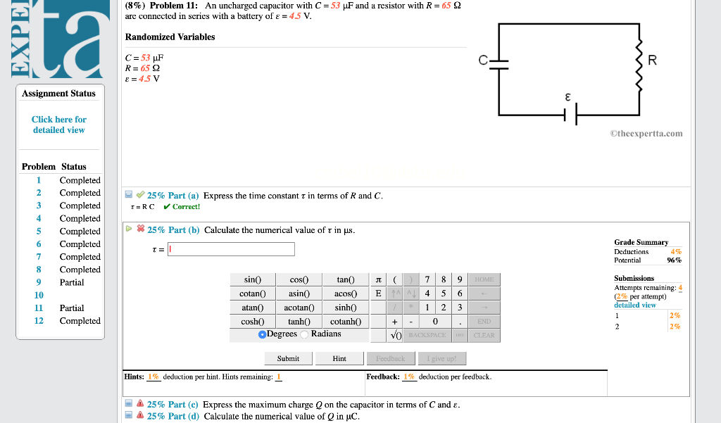 8 Problem 11 An Uncharged Capacitor With C 53 Uf And A Resistor With R 6522 Are Connected In Series With A Batte 1