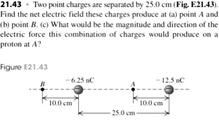 Two Point Charges Are Separated By 25 0 Cm Find The Net Electric Field These Charges Produce At A Point A And B Poi 1