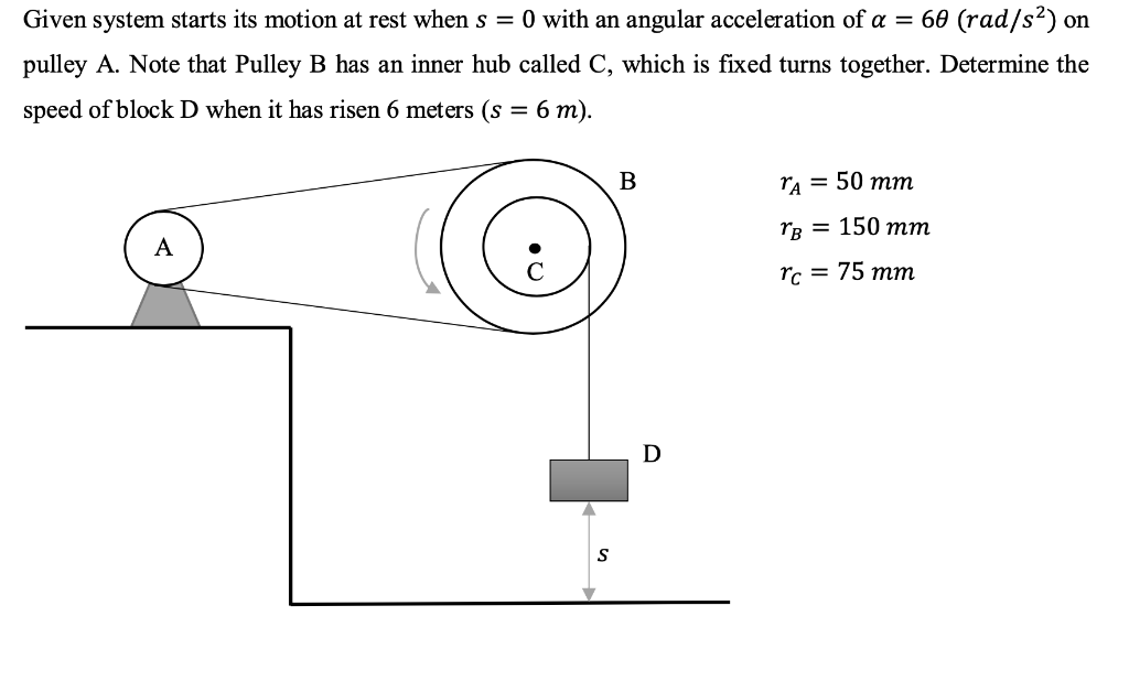 Given System Starts Its Motion At Rest When S 0 With An Angular Acceleration Of A 60 Rad S2 On Pulley A Note That 1
