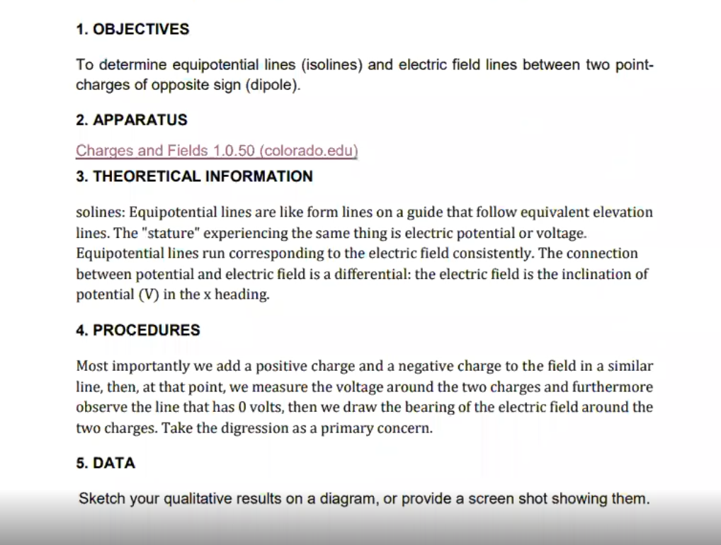 1 Objectives To Determine Equipotential Lines Isolines And Electric Field Lines Between Two Point Charges Of Opposit 1
