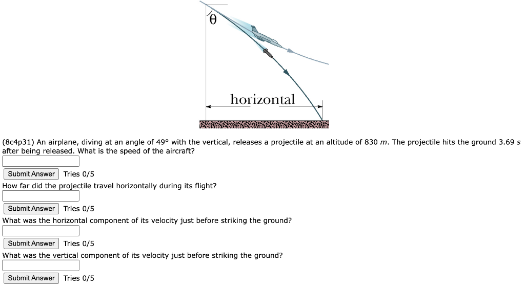 Horizontal 8c4p31 An Airplane Diving At An Angle Of 49o With The Vertical Releases A Projectile At An Altitude Of 83 1