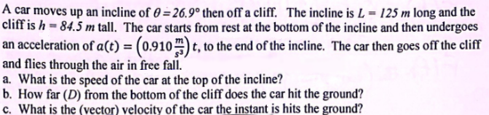 A Car Moves Up An Incline Of 0 26 9 Then Off A Cliff The Incline Is L 125 M Long And The Cliff Is H 84 5 M Tall 1