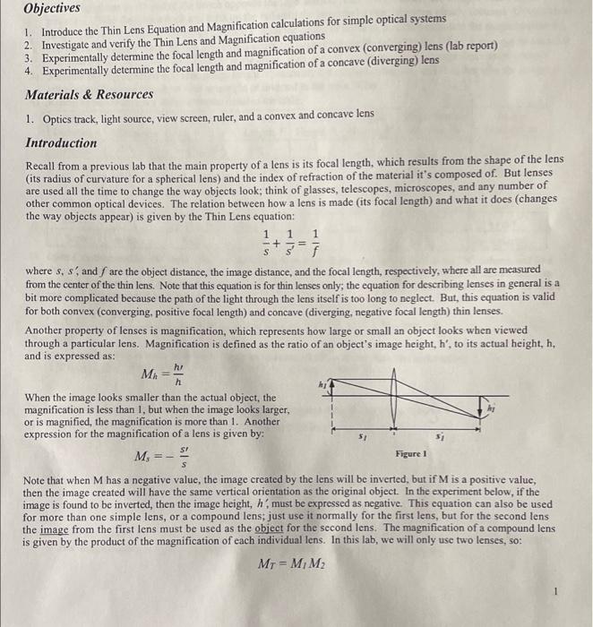 Objectives 1 Introduce The Thin Lens Equation And Magnification Calculations For Simple Optical Systems 2 Investigate 1